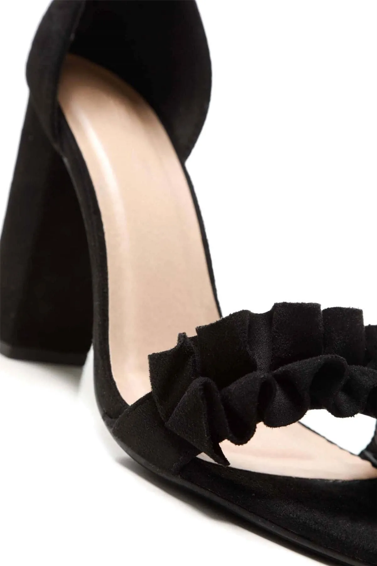 Ally Frill Detailed Anklestrap Sandal in Black Suede