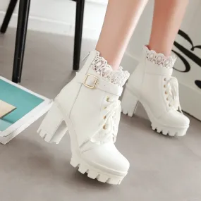 Black/White Lace PU Heels Boots AD10054