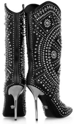 'Chelsea' Studded Embellished Stiletto Boots in Black or White