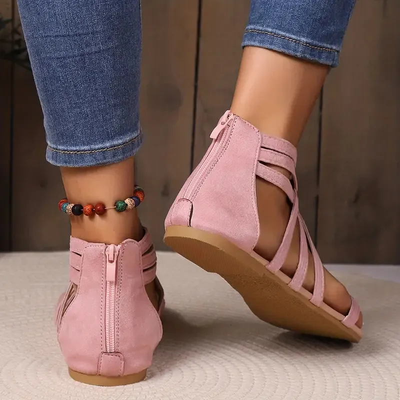 Cross-Tied Zipper Flat Sandals Pink