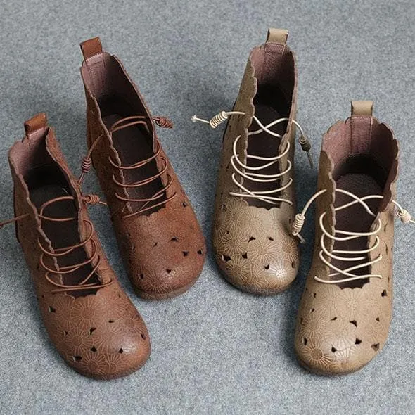 DIY Grey Embossed Hollow Out Boots Lace Up Boots