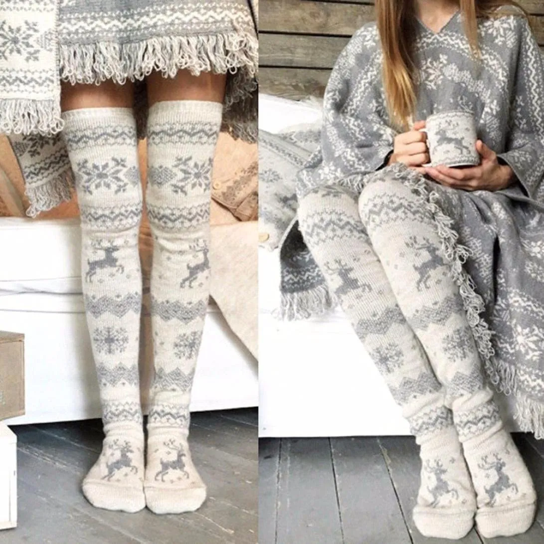 Gray & White Reindeer Snowflake Alpine Pattern Over The Knee Boot Socks Thick Warm Winter Elk Thigh High Stockings They Make A Great Christmas Present!