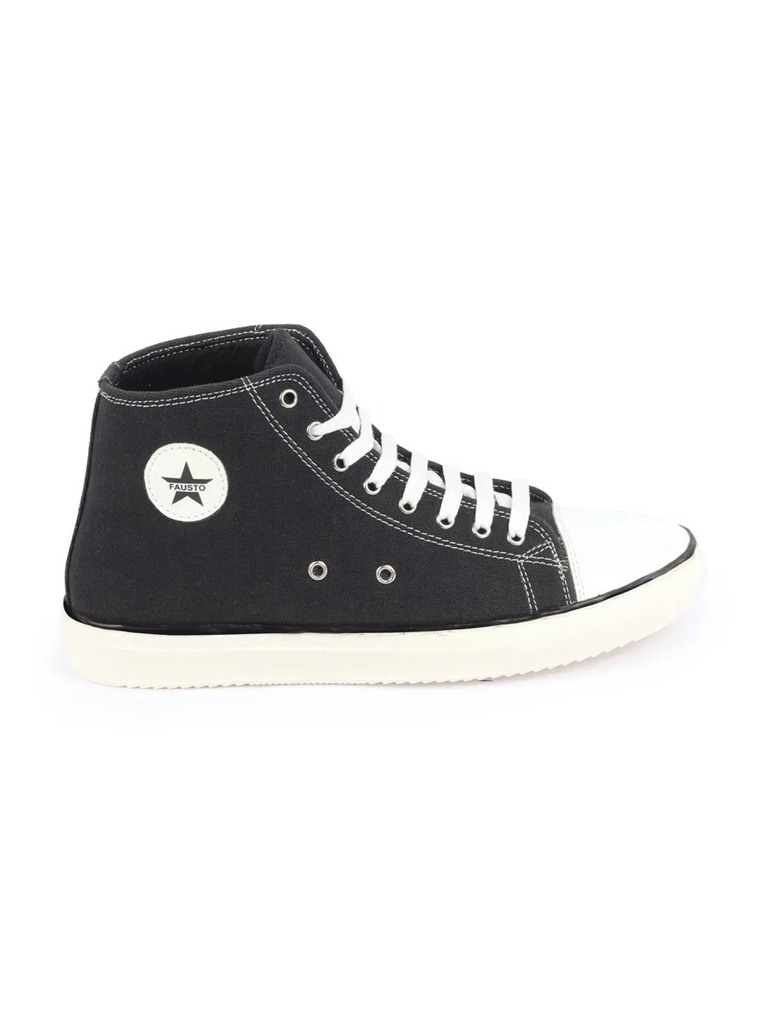 Men Black Mid Top Star Toe Cap Upper Denim 8-Eye Lace Up Canvas Sneakers Shoes