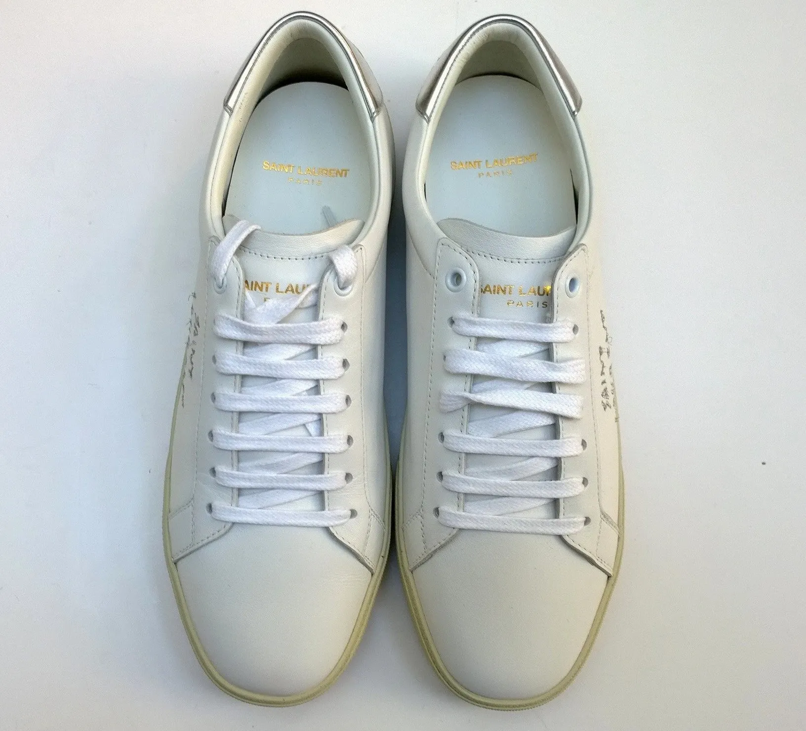 Saint Laurent Court Classic Embroidered Logo Sneakers White Leather with Silver